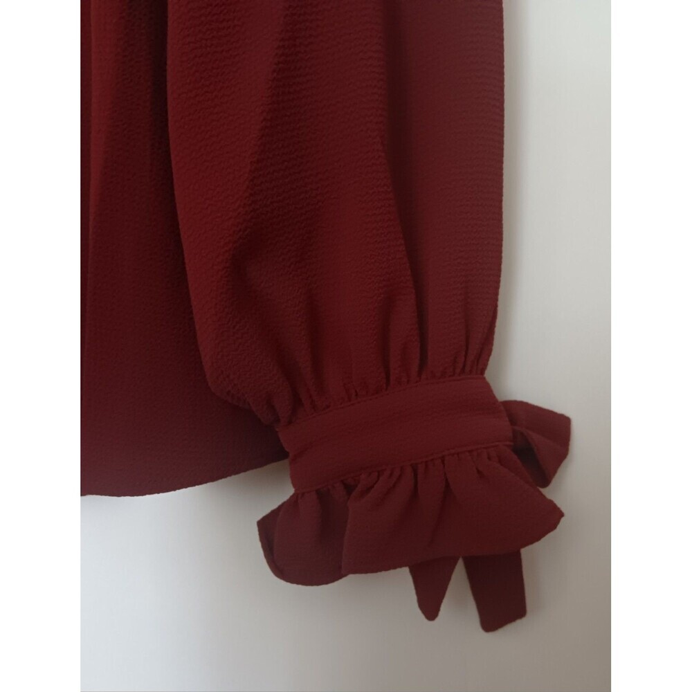 NWT CeCe Claret Red Tie Cuff Ruffle Sleeve Blouse Womens XS V-Neck Long Sleeve - Picture 7 of 9
